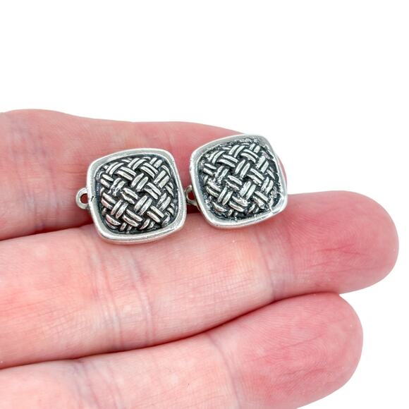 Vintage Jewelry - Vintage Sterling Silver 925 1.5cm Textured Basketweave Clip-On Earrings